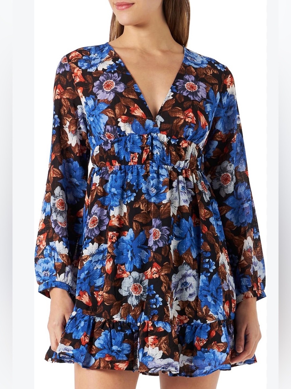 Zara Blue and Brown Floral Long Sleeve Dress